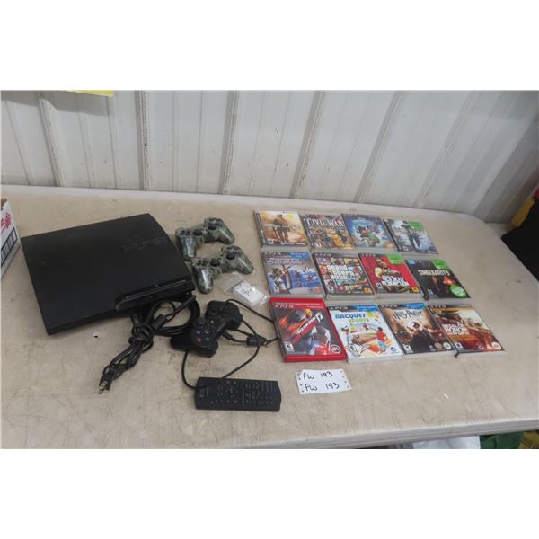 PS3 Console With 12 Games, 3 Controllers and Power Source Plug New Battery - Working Condition!