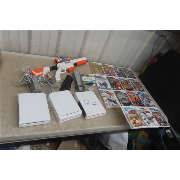3 Wii Consoles, 2 Working, 16 Games, 3 Controllers, Control Board and Cabela's Toy Rifle