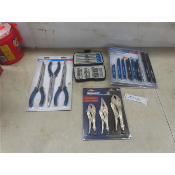 New Mastercraft 3 Piece Long Reach Pliers, 32 Piece Reciprocating Saw Blades, 3 Piece Vise Grips, a