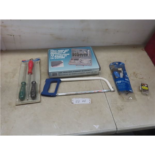 New 70 Piece Home and Auto Tool Set, Hack Saw, 3 Piece Robertson Screwdrivers, Pop Rivet Gun