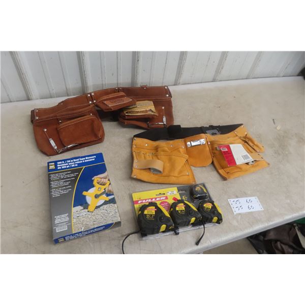 2 New Carpenter Tools and Nail Belts, 5 x New Tape Measures