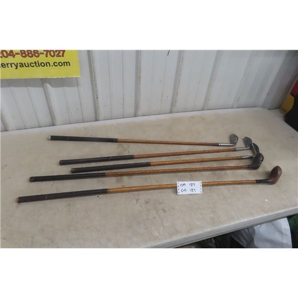 5 Wood Handled Antique Golf Clubs, Audrey Boomer, Spalding, and More