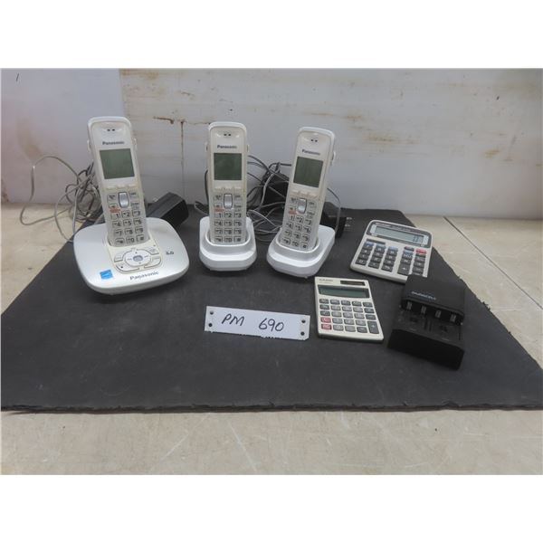 3 Panasonic Cordless Phones With Chargers and Power Cords, 2 Calculators, Duracell Battery Charger