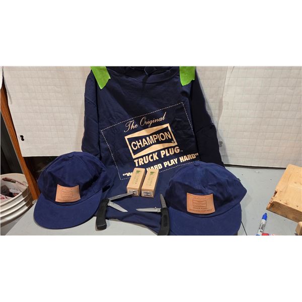 Champion Spark Plug XL T-Shirt, 2 Suede Caps, 2 Combo Jack Knife/Gap Gauge.