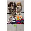Image 1 : Two 15 Inch Porcelain Dolls, 1 On Stand, Four 11 Inch Dolls With Hand Made Dresses