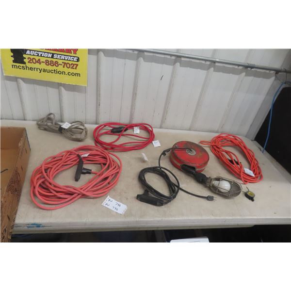 Extension Cords: 1 (50'), 1 (32'), 2 (10'), 1 (16') and Whitaker Retractable Trouble Light.
