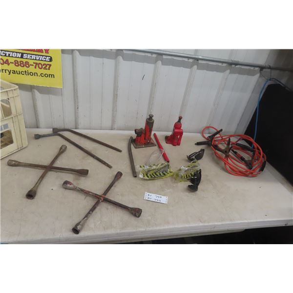 2 Hydraulic Jacks, 12' Heavy-Duty Booster Cables, 2 T-Wheel Wrenches, 2 Tire Bars and 5 Pairs Safet