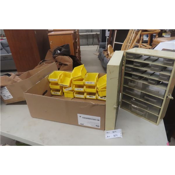 12" x 18" x 8" Metal Locking Storage Cabinet and 16 Yellow 4" x 5" x 3" Stackable Storage Bins.