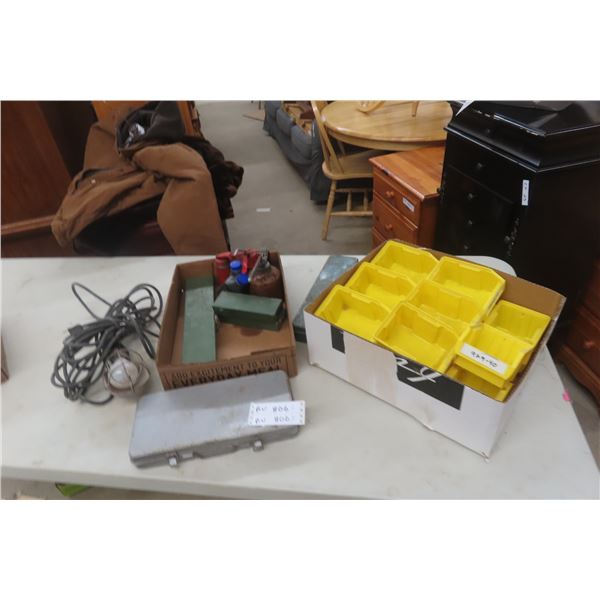 15 Yellow 4" x 5" x 3" Stackable Storage Bins, 4 Metal Cases, Trouble Light and 3 Oil Cans.