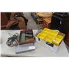 Image 1 : 15 Yellow 4" x 5" x 3" Stackable Storage Bins, 4 Metal Cases, Trouble Light and 3 Oil Cans.