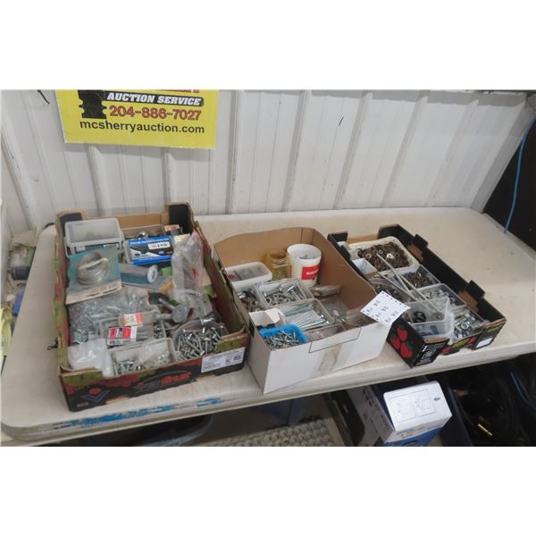 3 Boxes Nuts, Bolts, Washers, Screws and Miscellaneous Hardware.