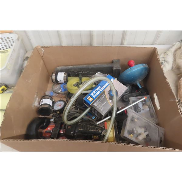 Large Box Miscellaneous Items Including Glue Gun, Plumber's Snakes, Air Pressure Gauge and Measurin