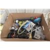 Image 1 : Large Box Miscellaneous Items Including Glue Gun, Plumber's Snakes, Air Pressure Gauge and Measurin