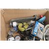 Image 3 : Large Box Miscellaneous Items Including Glue Gun, Plumber's Snakes, Air Pressure Gauge and Measurin