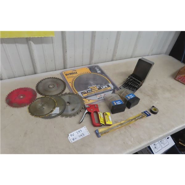 Assorted Drill Bits and 12" DeWalt and Assorted Saw Blades.