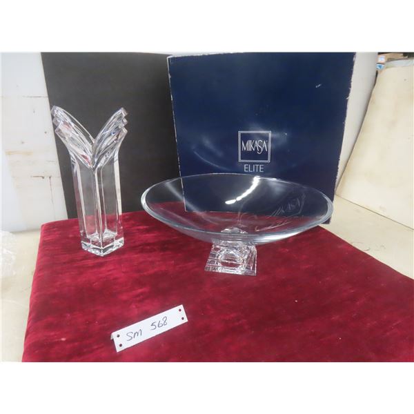 Vintage Mikasa Elite Art Deco Crystal V Shaped Vase 12" With Matching Fruit Bowl