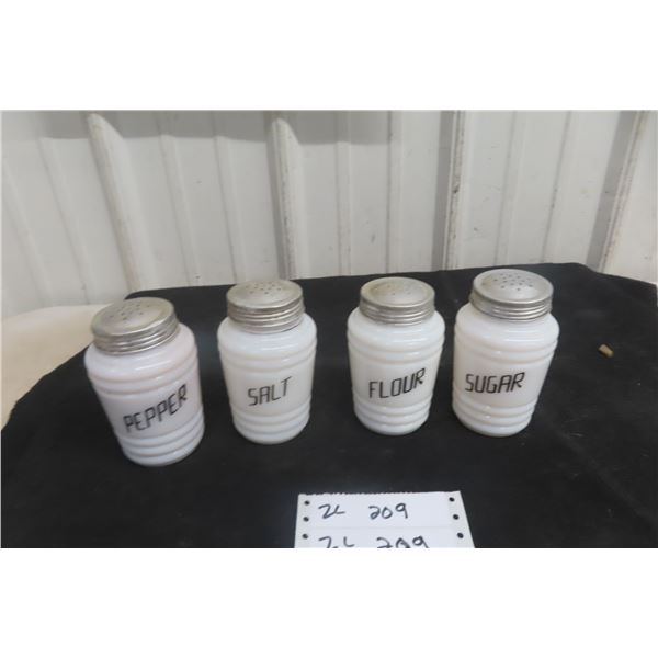 4 Vintage Milk Glass Shakers, Salt and Pepper, Flour and Sugar