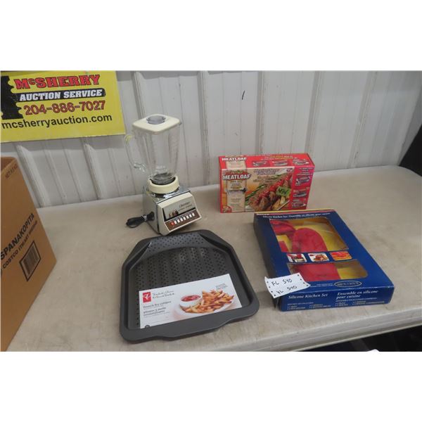 New Meatloaf Pan Set, French Fry Crisper Pan, Osterizer Blender and Silicone Kitchen Set.