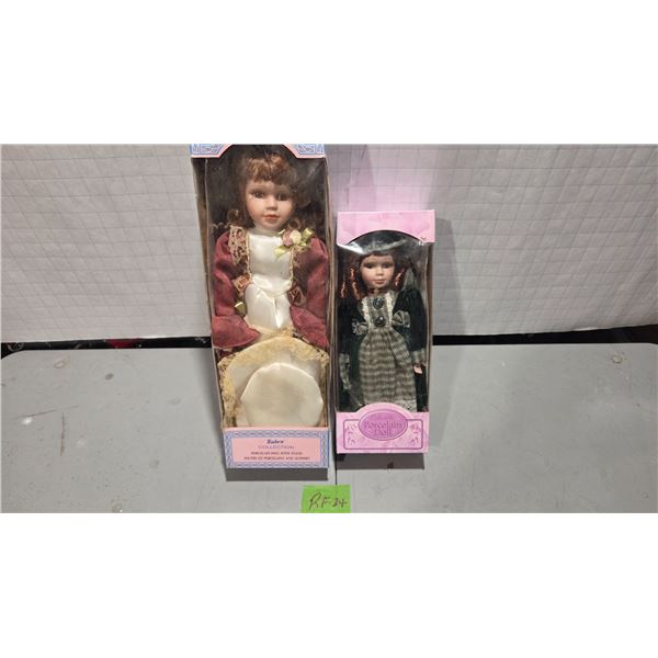 One 16" Sabre Collection Porcelain Doll with Stand and One 12" Porcelain Doll.