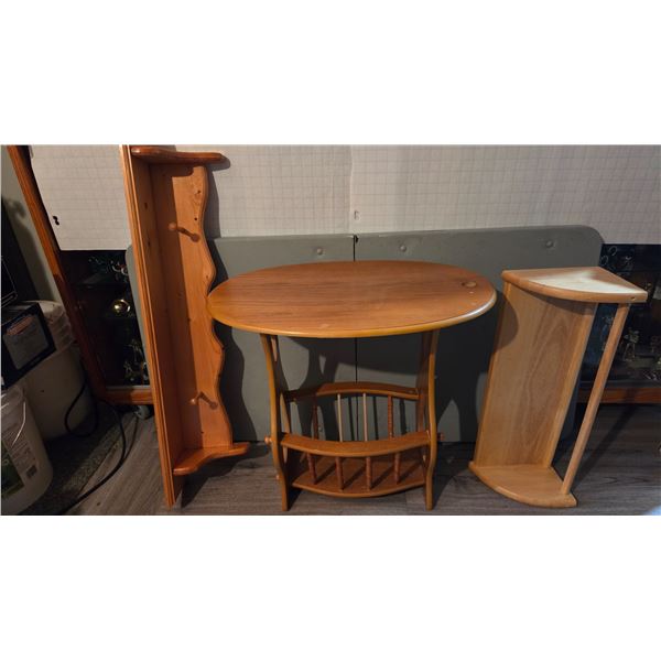 Wooden Oval End Table/Magazine Rack, 22" Wood Shelf, 36" Coat Rack.