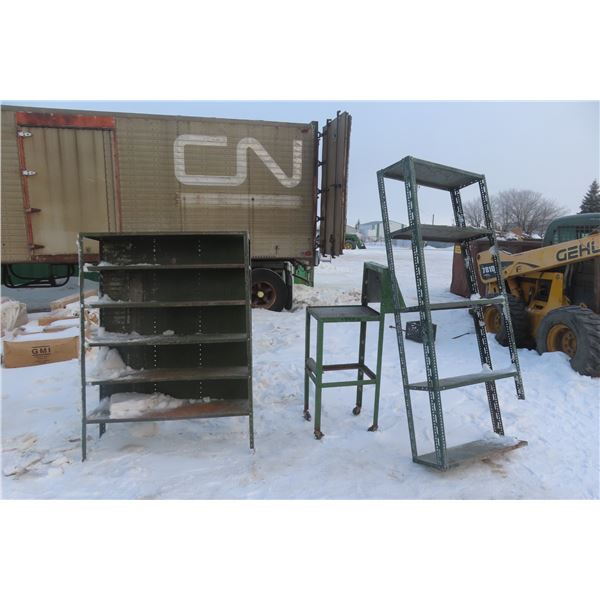 Metal Shelving Units 63" x 48" x 16" and 54" x 36" x 12" and Rolling Unit 34" x 14" x 30".