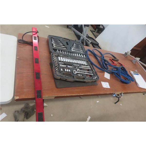 Sockets 1/2", 3/8" and 1/4", Wrenches, Snap-On Power Bar and Booster Cables.