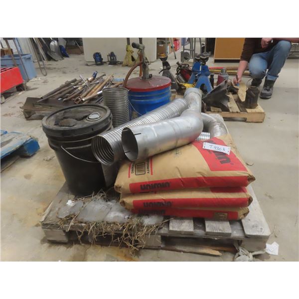 Pallet Lot Of 3 Bags Silica Sand, Exhaust Tubing, Oil Barrel Pump, Pintel Hitch And More