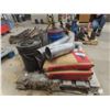 Image 1 : Pallet Lot Of 3 Bags Silica Sand, Exhaust Tubing, Oil Barrel Pump, Pintel Hitch And More