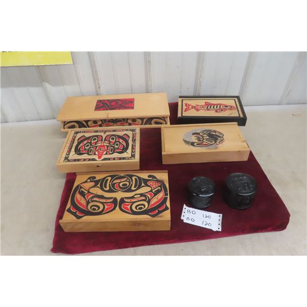 5 Vintage First Nations Haida Cedar Wood Boxes By Clarence Wells, Richard Krentz, Corey Buppitt And