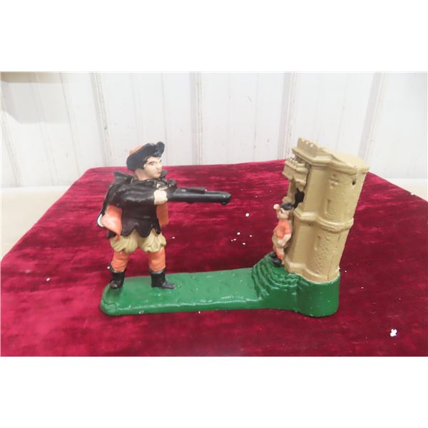 Vintage Cast Iron Mechanical Bank Man Shooting Apple Off Kid's Head William Tell Works