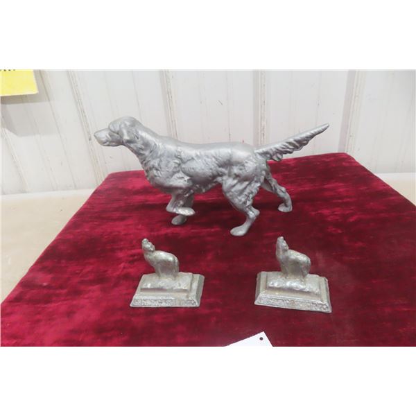 Vintage Cast Metal Irish Setter Door Stop 15" In Length And 2 HB Mining Cast Metal Wolf Paper Weigh