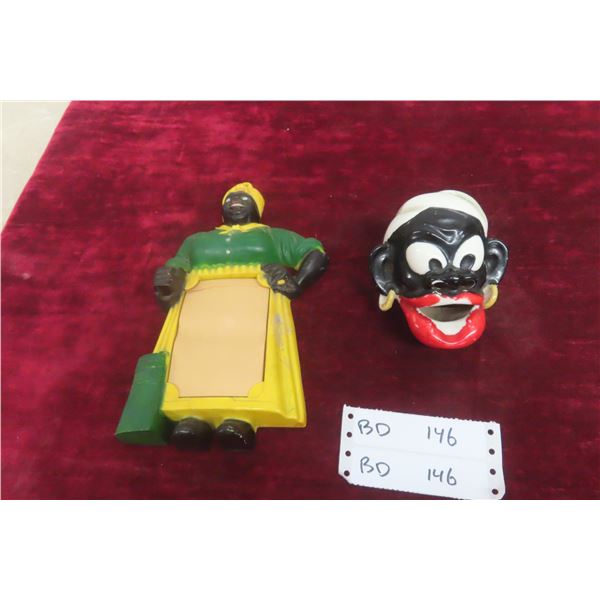 Antique Original Black Americana Wall Mount Notepad Excellent Condition And Black Face Ceramic Asht