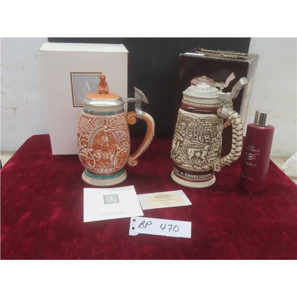 2 Avon Steins – Western Roundup 9" With Box – Tribute to the Wild West 9" With Box
