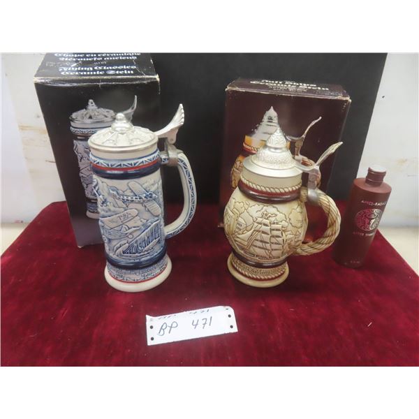 2 Avon Steins – The Flying Classics 9 1/2" in Box – The Tall Ships 9" With Box