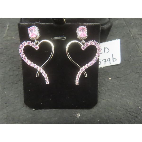 New Platinum Plated 1.0 ct Each Emerald Cut Pink Simulated Diamond (CZ) Heart Dangle Earrings