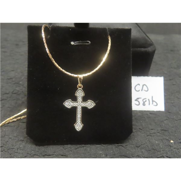New 18K Gold Plated 30.0 mm Simulated Diamond (CZ) Cross Necklace Chain 19" Long