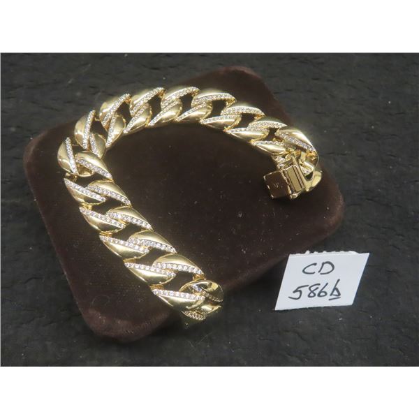 New 14K Gold Plated 14.0 Mm Simulated Diamond (CZ) Iced Out Cuban Link Bracelet 8" Long