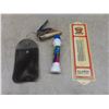 Image 12 : Thermometer With Red River Mutual Advertising, Metal Phone Number Index, Vase, Wood Cannon And More