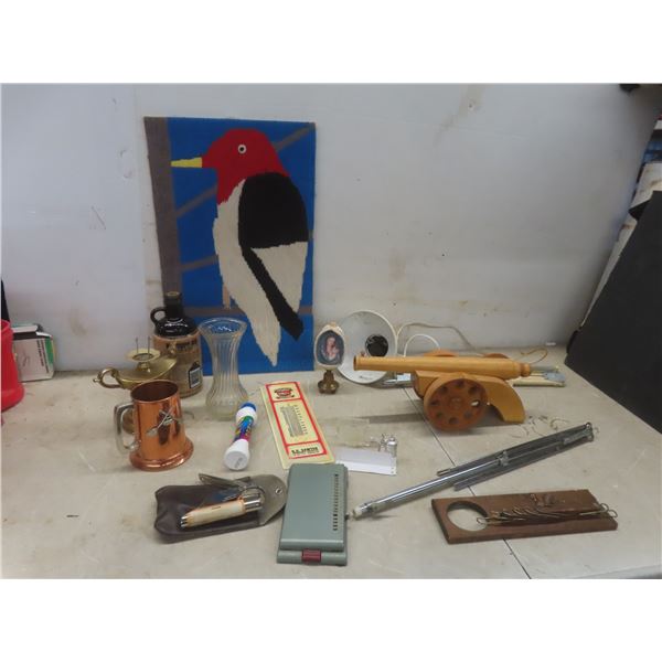 Thermometer With Red River Mutual Advertising, Metal Phone Number Index, Vase, Wood Cannon And More