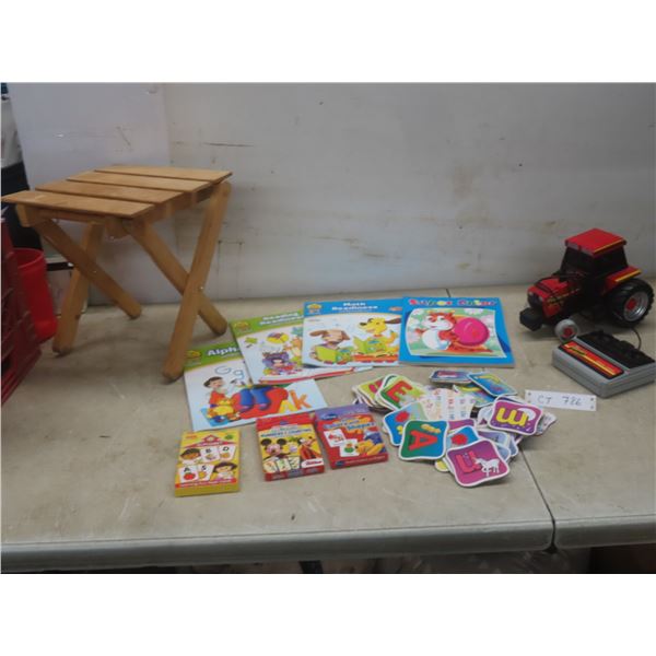 Fold Up Wood Stool, RC Tractor Missing Rubber Front Wheels, Kids Activity Books & Learning Cards