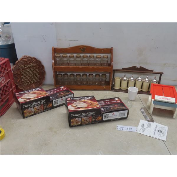 2 Spice Racks, Kitchen Prayer Plaque, 2 Turbo Roaster, Veggie Slicer And More