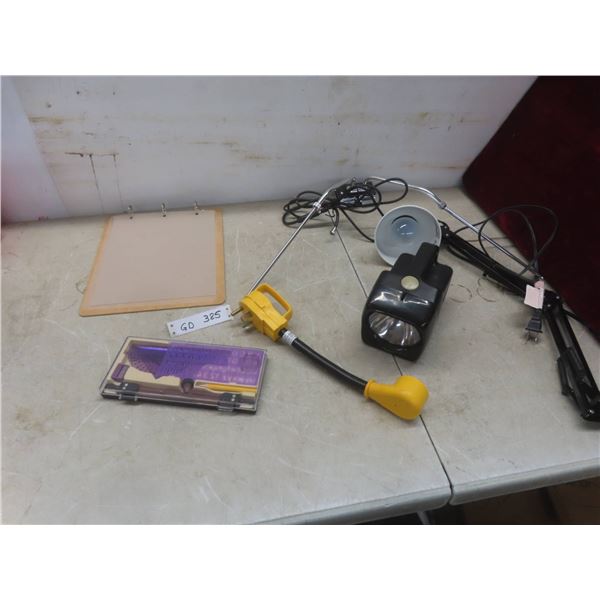 Flashlight, Desk Lamp, Heavy Duty RV Dogbone Electrical Adapter, Clipboard, Geometry Set