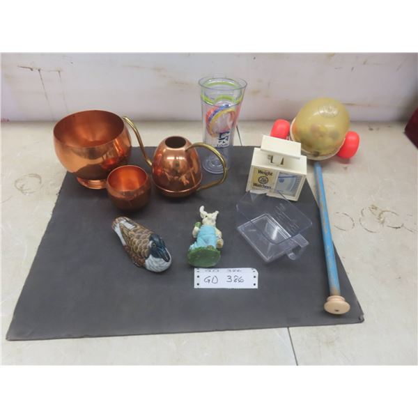 3 Pc Copper Pot Set, Weight Watchers Scale, 2 Figurines & Fisher Price Corn Popper