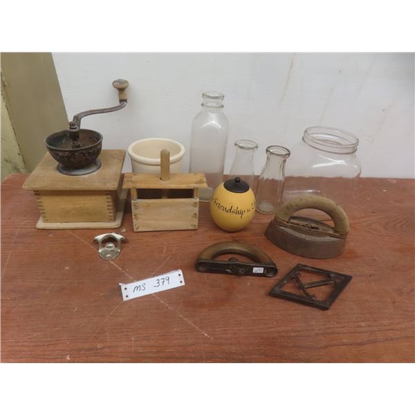 Vintage Milk Cream Bottles, Butter Press, Coffee Grinder, Sad Iron