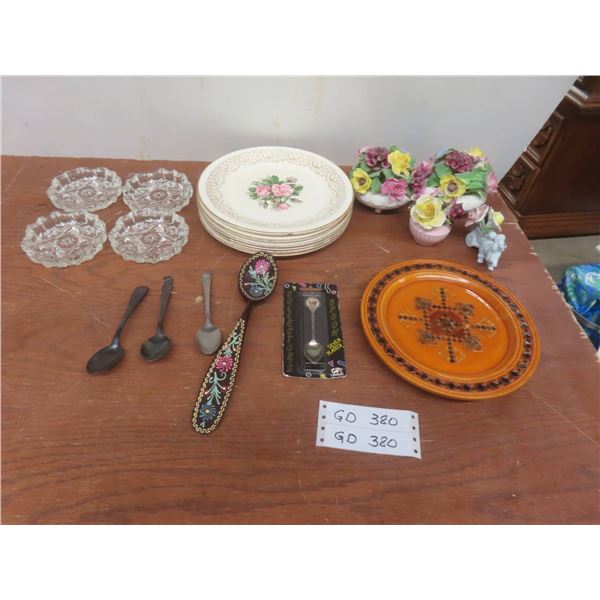China Plates Tudor Rose Pattern, China Flower Bouquet, Silver Plated Spoons & 4 Crystal Ashtrays &