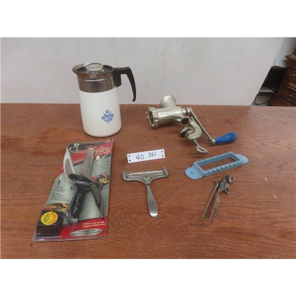 Corningware Coffee Pot, Meat Grinder, Butter Pat Cutter, Cheese Slicer & More