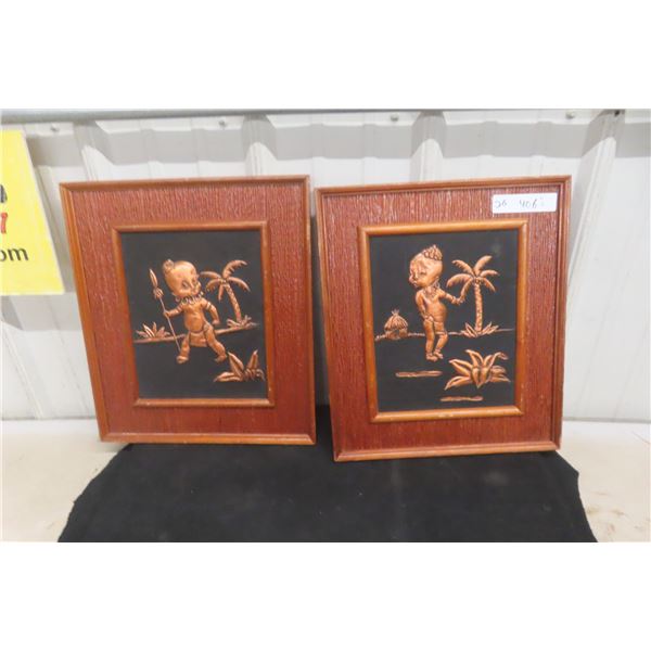 2 Vintage Raised Copper Tooling Art Pictures 13.5" x 15.5"