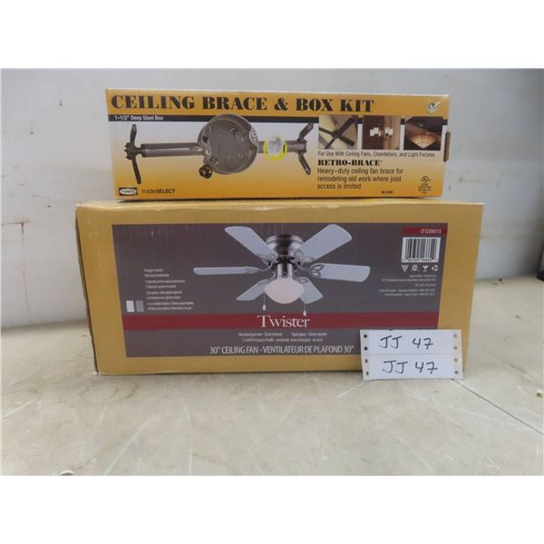New: Twister 30" Ceiling Fan with Light, Ceiling Brace and Box Kit
