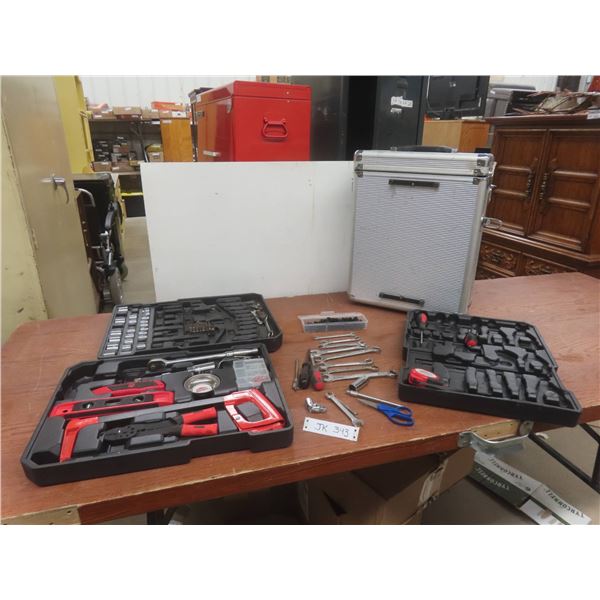 Aluminum Case W/ Tools, Level, Hack Saw, Wrenches, Tape Measure & More