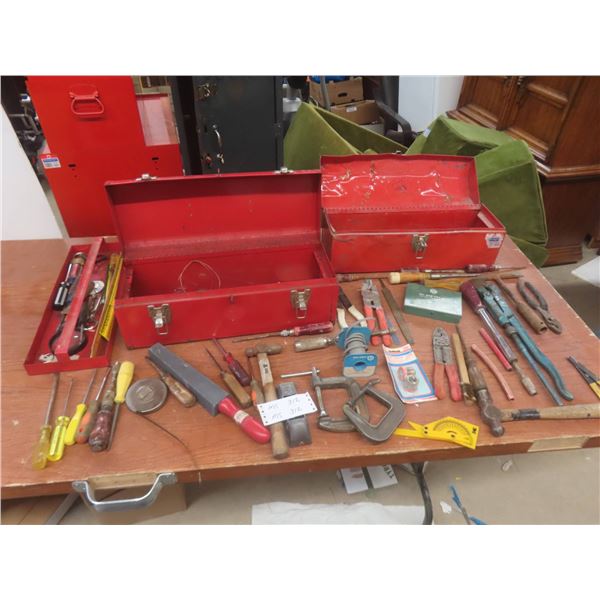2 Metal Toolboxes And Hand Tools: C Clamps, Pliers, Screwdrivers, File, Scraper